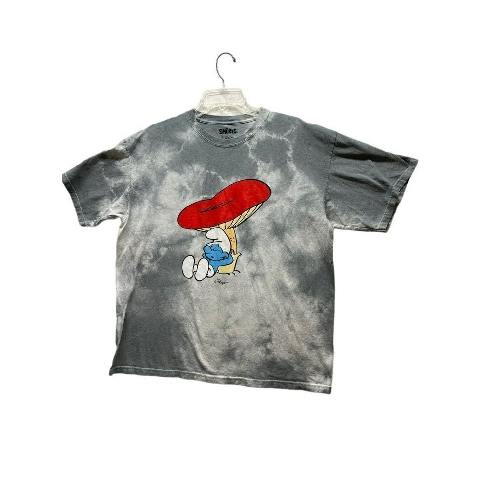 The Smurfs Lazy Mushroom Cartoon Graphic T-Shirt Retro Style XL  Gray Tie Dye
